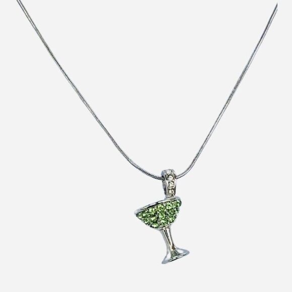 Lia Sophia Green Rhinestone Sparkle Martini Glass Silver Metal Chain Necklace - Picture 7 of 9